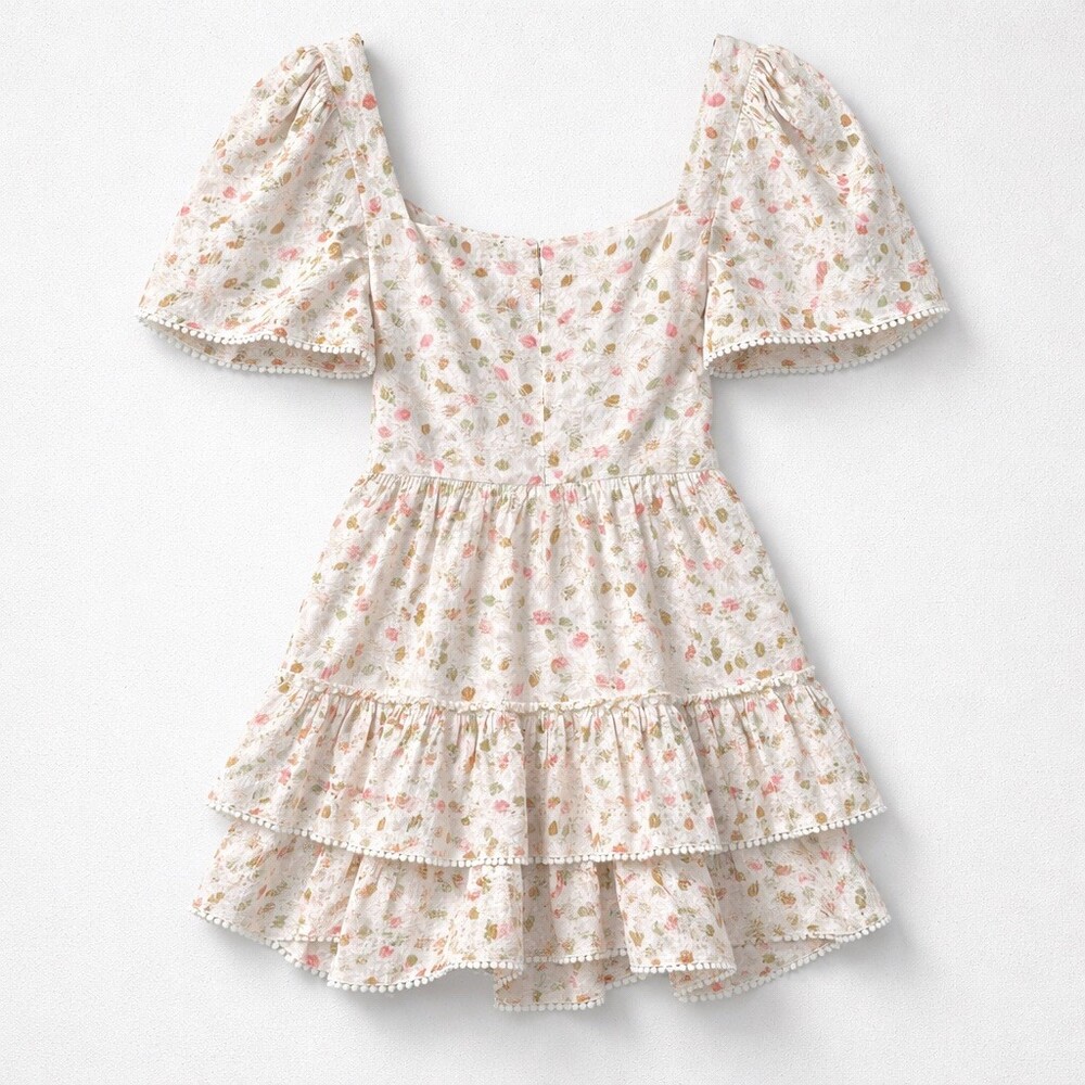 Just Me Floral Tiered Mini Dress Womens Size S Ivory Pink Puff Sleeve NWT - Picture 4 of 8